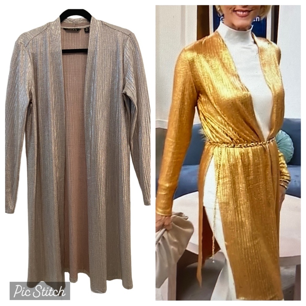 IMAN Global Chic Open Front Metallic Duster Topper Long Cardigan Champagne M New